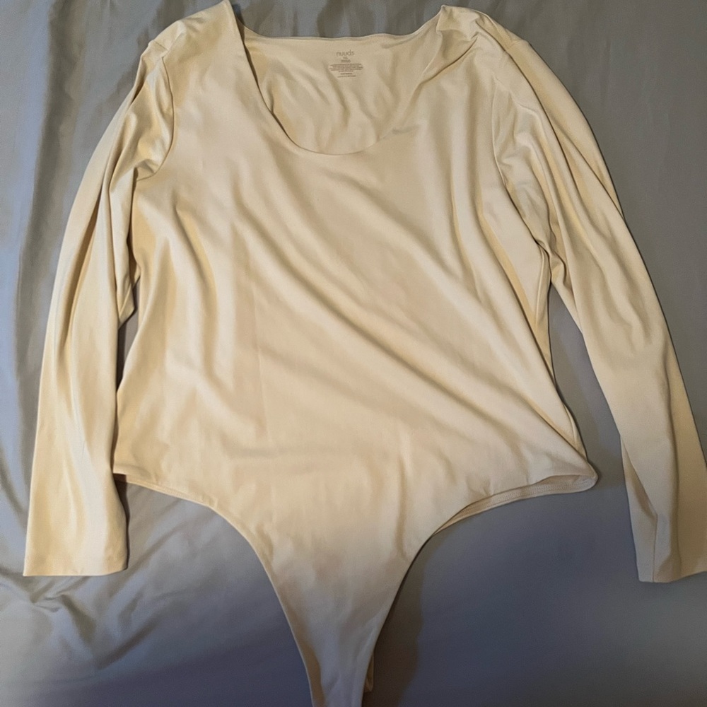 Nuuds Cream Long Sleeve Fitted Scoop Neck Bodysuit